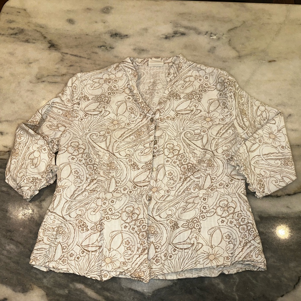 EUC Aegean Size Medium 100%‎ Linen Cream & Floral Patterned Women's Top